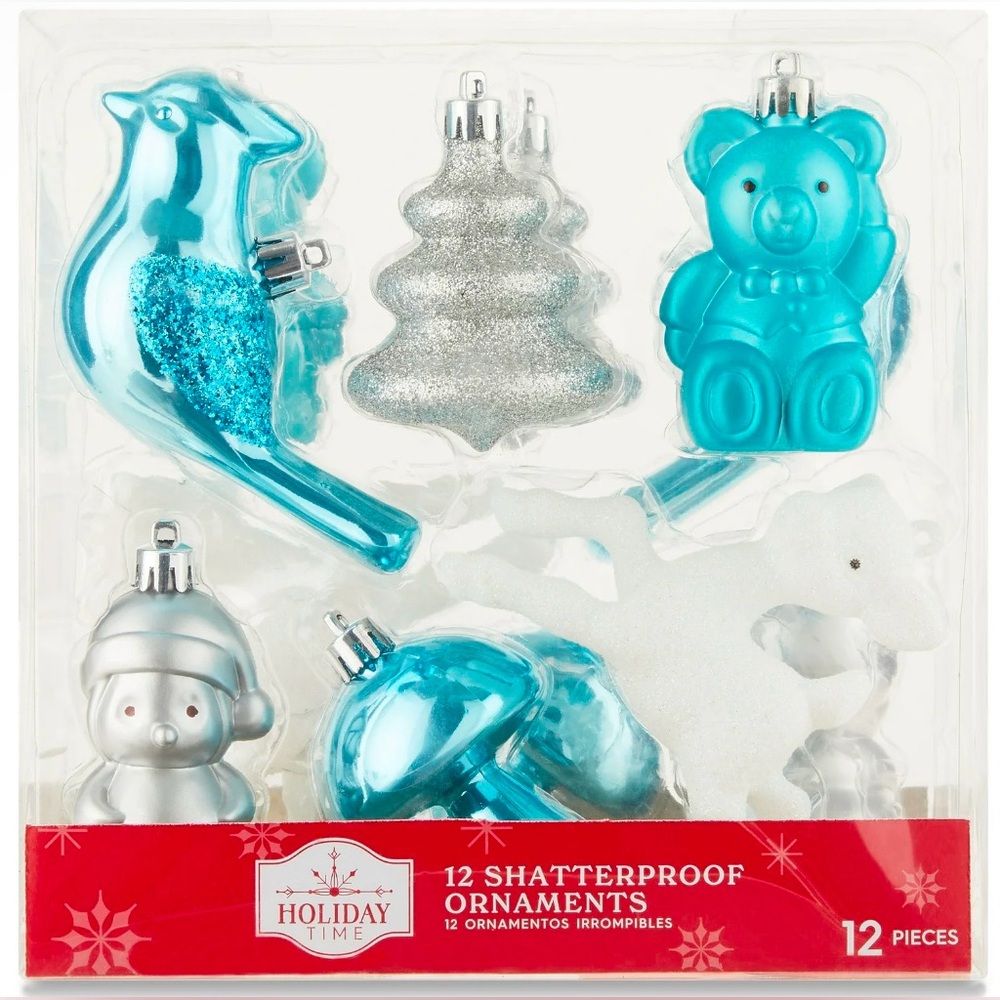 Turquoise, Silver & White Winter Icon Shatterproof Christmas Ornaments, 0.02 lb, - Picture 1 of 2